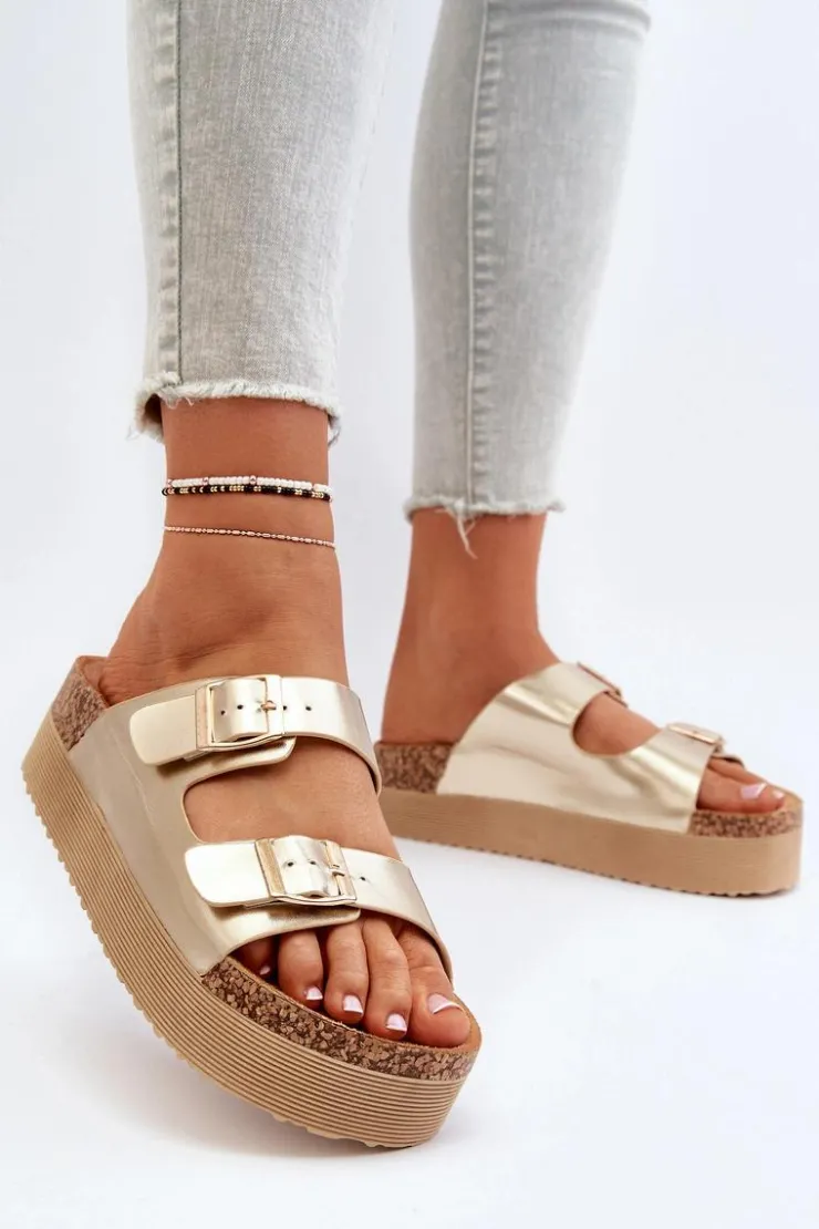 Damskie Boto Damskie Klapki Na Platformie Z Klamrami Złote Lolpey