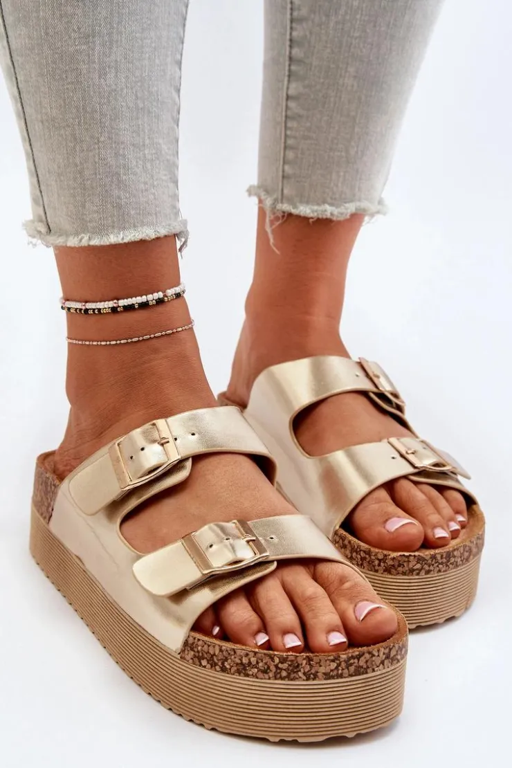 Damskie Boto Damskie Klapki Na Platformie Z Klamrami Złote Lolpey