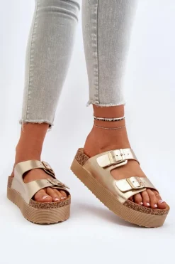 Damskie Boto Damskie Klapki Na Platformie Z Klamrami Złote Lolpey