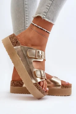 Damskie Boto Damskie Klapki Na Platformie Z Klamrami Złote Lolpey