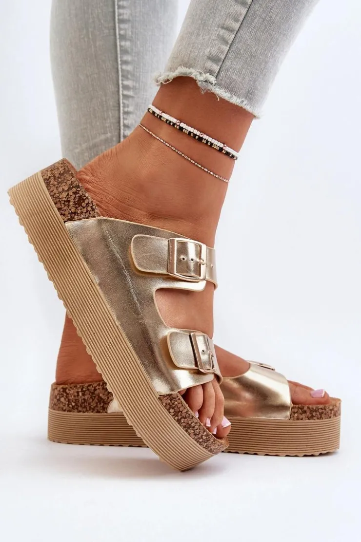 Damskie Boto Damskie Klapki Na Platformie Z Klamrami Złote Lolpey