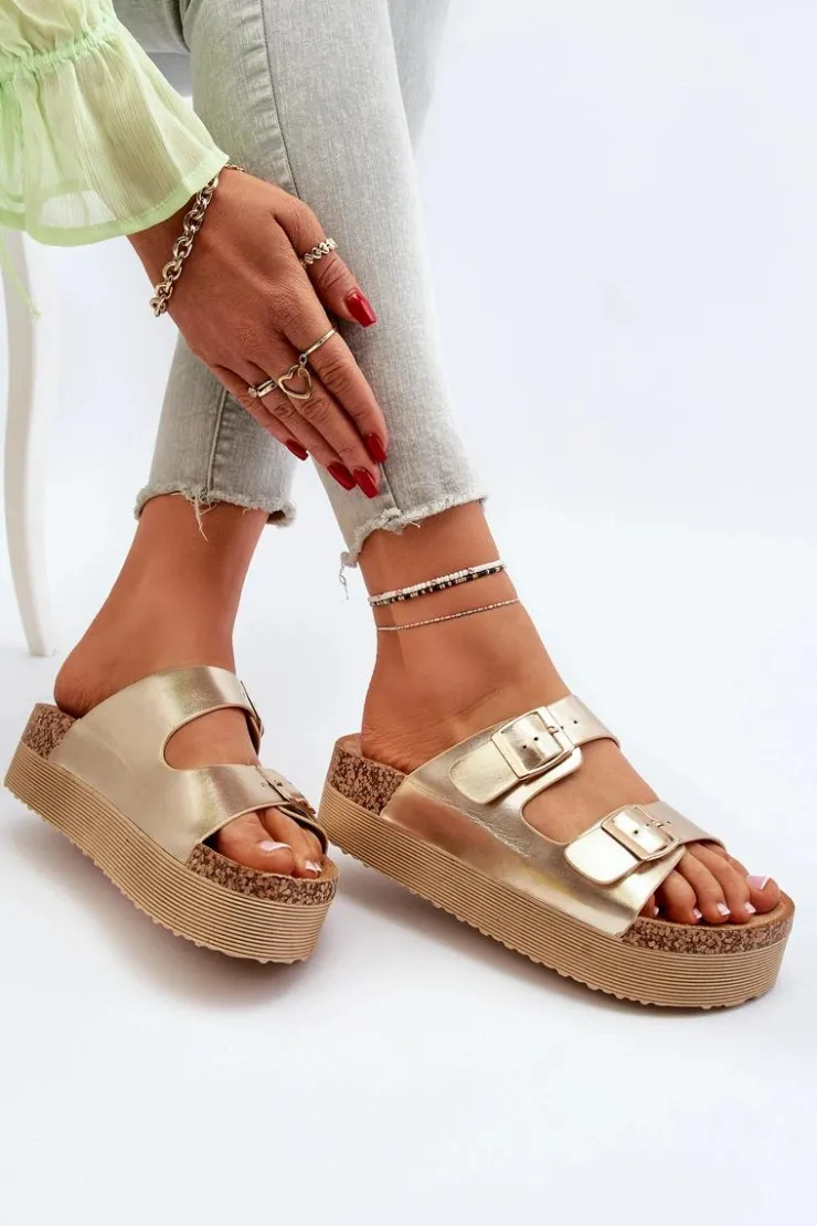 Damskie Boto Damskie Klapki Na Platformie Z Klamrami Złote Lolpey