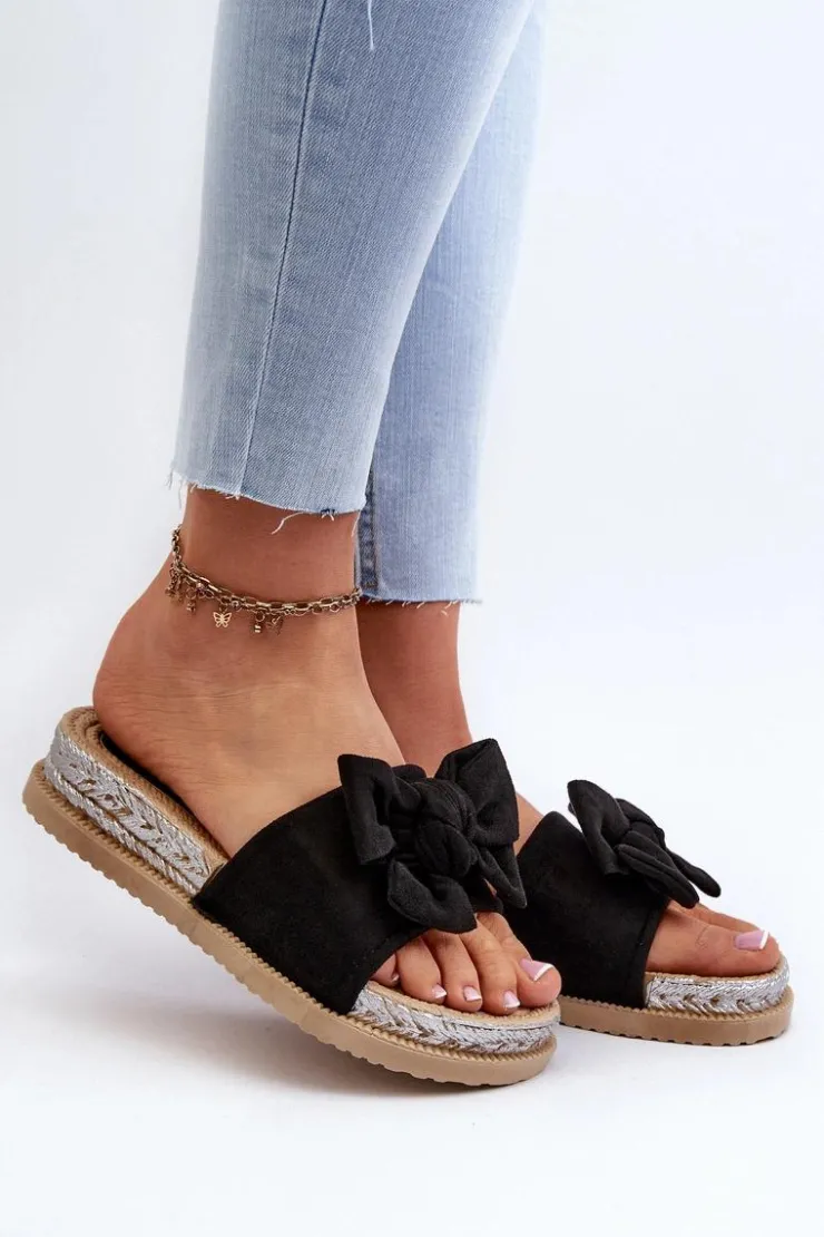 Damskie Boto Damskie Klapki Na Platformie Z Kokardą Czarne Aflia