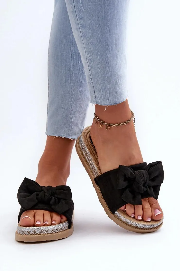 Damskie Boto Damskie Klapki Na Platformie Z Kokardą Czarne Aflia