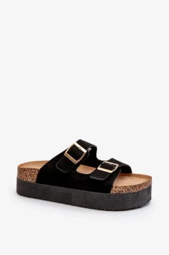 Damskie Boto Damskie Klapki Na Platformie Z Klamrami Czarne Lolpey