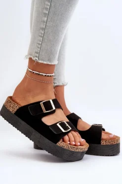 Damskie Boto Damskie Klapki Na Platformie Z Klamrami Czarne Lolpey