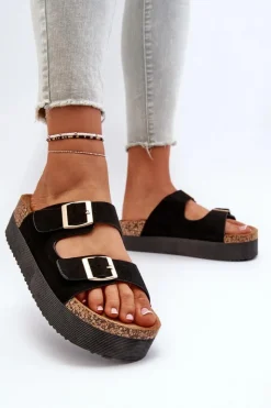 Damskie Boto Damskie Klapki Na Platformie Z Klamrami Czarne Lolpey