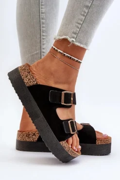 Damskie Boto Damskie Klapki Na Platformie Z Klamrami Czarne Lolpey