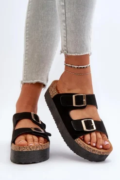 Damskie Boto Damskie Klapki Na Platformie Z Klamrami Czarne Lolpey