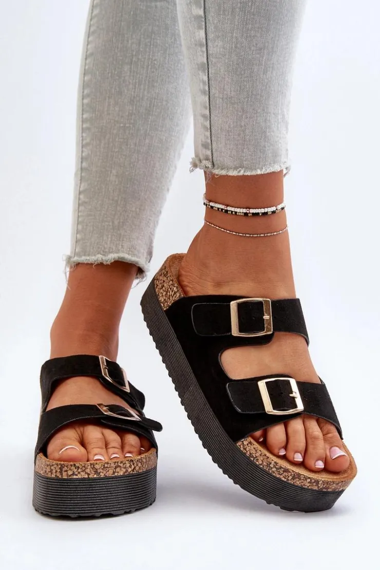 Damskie Boto Damskie Klapki Na Platformie Z Klamrami Czarne Lolpey