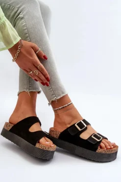 Damskie Boto Damskie Klapki Na Platformie Z Klamrami Czarne Lolpey