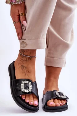 Boto Klapki Na Platformie*Damskie Klapki Na Platformie Z Ozdobą Czarne Beneca