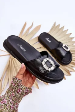 Boto Klapki Na Platformie*Damskie Klapki Na Platformie Z Ozdobą Czarne Beneca