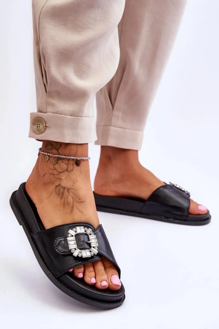 Boto Klapki Na Platformie*Damskie Klapki Na Platformie Z Ozdobą Czarne Beneca