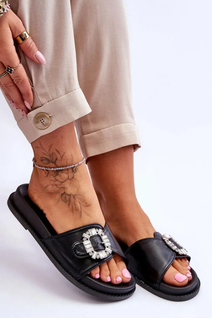 Boto Klapki Na Platformie*Damskie Klapki Na Platformie Z Ozdobą Czarne Beneca