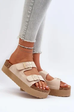 Hot Boto Damskie Klapki Na Platformie Z Klamrami Beżowe Lolpey Beżowy