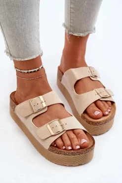 Hot Boto Damskie Klapki Na Platformie Z Klamrami Beżowe Lolpey Beżowy