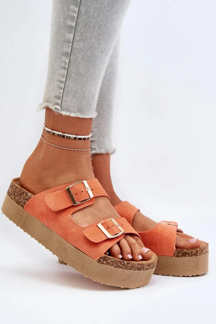 New Boto Damskie Klapki Na Platformie Z Klamrami Pomarańczowe Lolpey