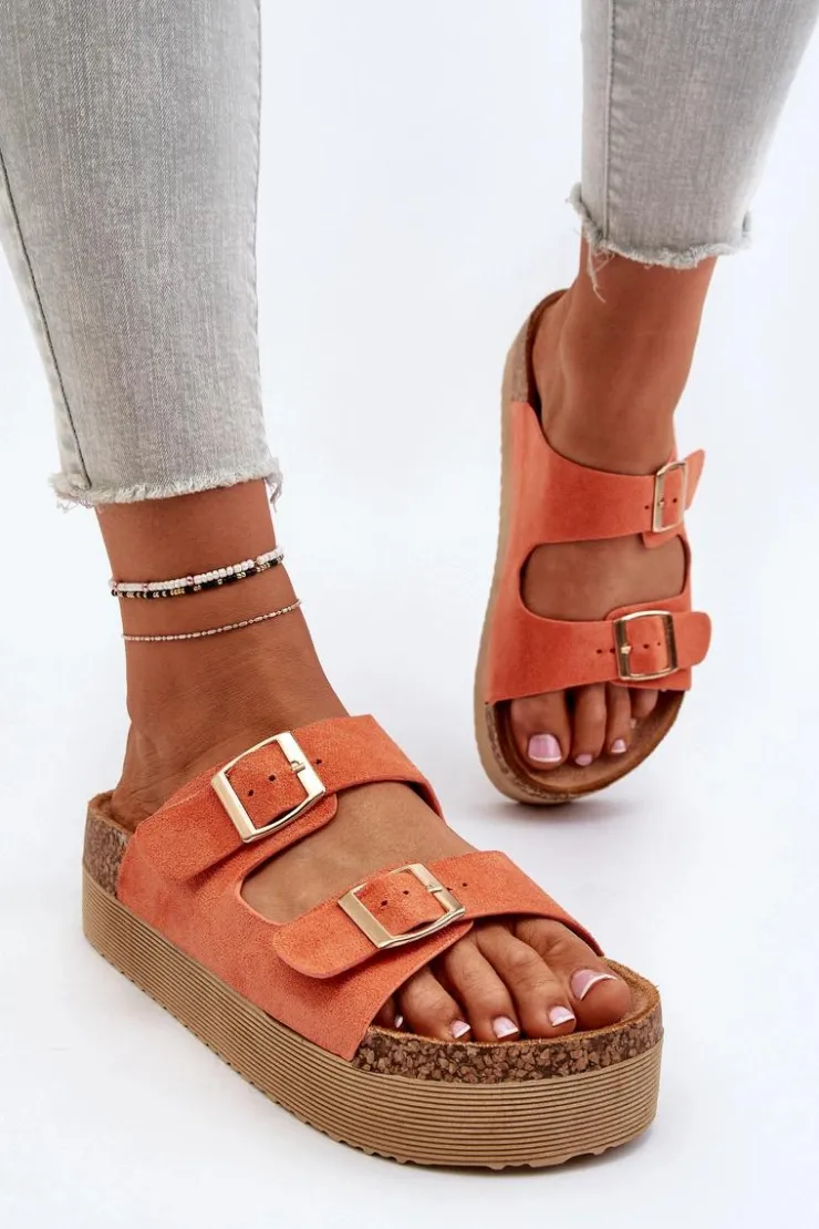 New Boto Damskie Klapki Na Platformie Z Klamrami Pomarańczowe Lolpey