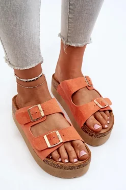 New Boto Damskie Klapki Na Platformie Z Klamrami Pomarańczowe Lolpey