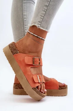 New Boto Damskie Klapki Na Platformie Z Klamrami Pomarańczowe Lolpey