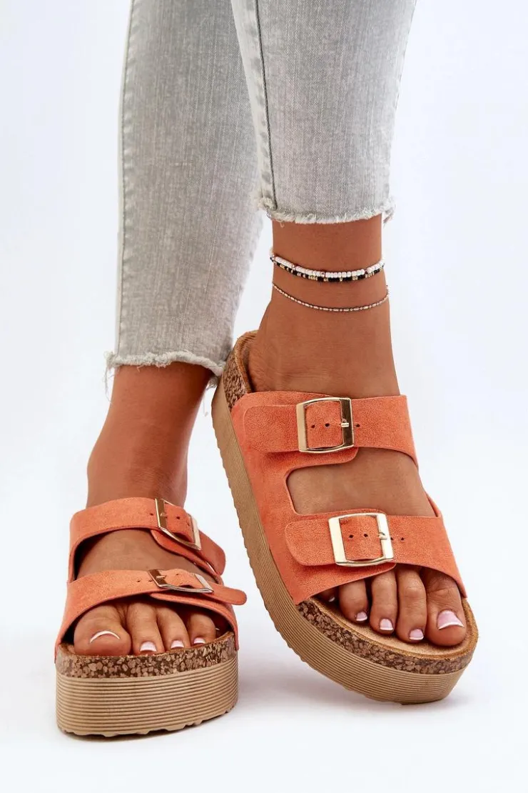 New Boto Damskie Klapki Na Platformie Z Klamrami Pomarańczowe Lolpey