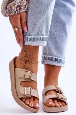 Damskie Boto Damskie Klapki Na Platformie Z Paskami Beżowe Clever