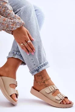 Damskie Boto Damskie Klapki Na Platformie Z Paskami Beżowe Clever