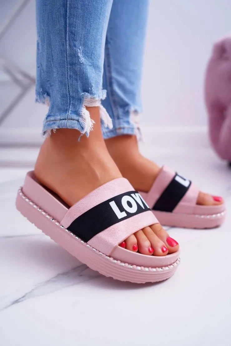 Sale Boto Damskie Klapki Na Platformie Z Dżetami Love Różowe MoreLove