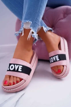 Sale Boto Damskie Klapki Na Platformie Z Dżetami Love Różowe MoreLove