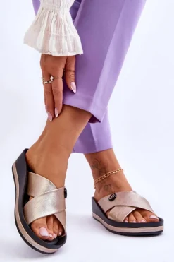 Sale Buty damskie Vinceza Damskie Klapki Na Platformie Z Ozdobą Złote Brooklyn