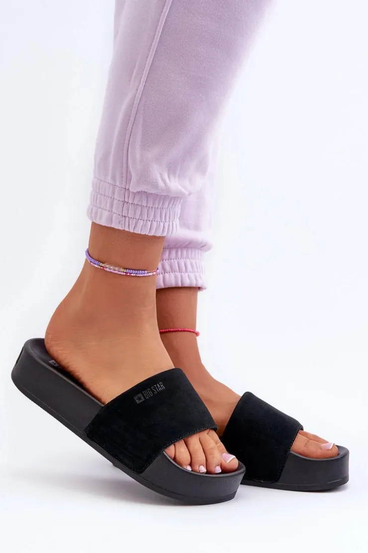 Outlet Big Star Shoes Damskie Klapki Na Platformie Zamszowe Big Star NN274A670 Czarne Czarny
