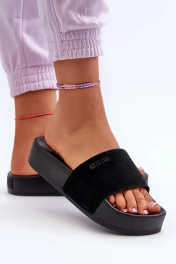 Outlet Big Star Shoes Damskie Klapki Na Platformie Zamszowe Big Star NN274A670 Czarne Czarny