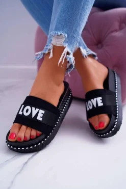 Boto Klapki Na Platformie|Klapki Damskie Klasyczne*Damskie Klapki Na Platformie Z Dżetami Love Czarne MoreLove