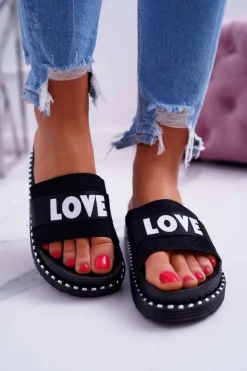 Boto Klapki Na Platformie|Klapki Damskie Klasyczne*Damskie Klapki Na Platformie Z Dżetami Love Czarne MoreLove