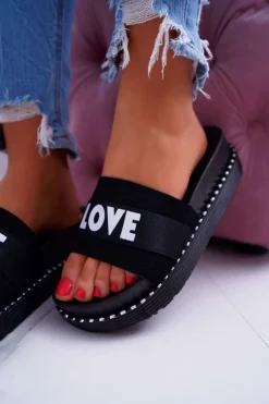 Boto Klapki Na Platformie|Klapki Damskie Klasyczne*Damskie Klapki Na Platformie Z Dżetami Love Czarne MoreLove