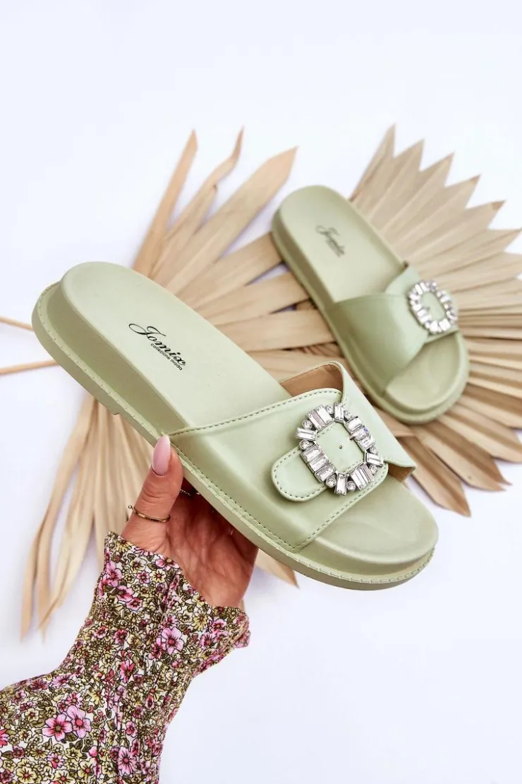 Best Boto Damskie Klapki Na Platformie Z Ozdobą Zielone Beneca