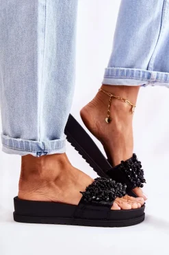 Boto Klapki Na Koturnie|Klapki Na Obcasie*Damskie Klapki Na Platformie Z Ozdobami Czarne Almina