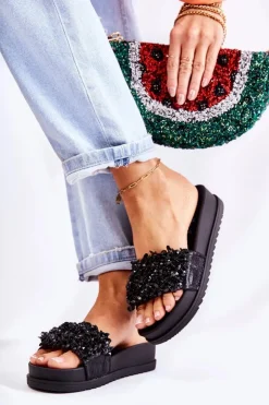 Boto Klapki Na Koturnie|Klapki Na Obcasie*Damskie Klapki Na Platformie Z Ozdobami Czarne Almina