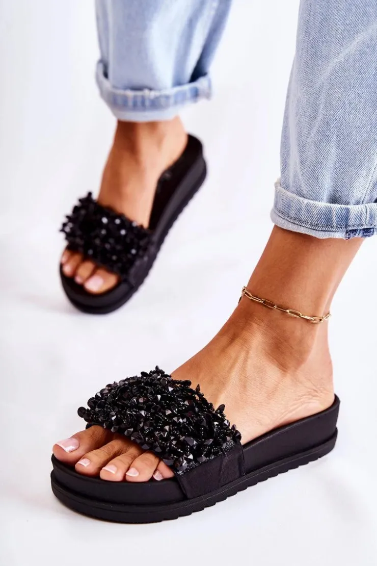 Boto Klapki Na Koturnie|Klapki Na Obcasie*Damskie Klapki Na Platformie Z Ozdobami Czarne Almina