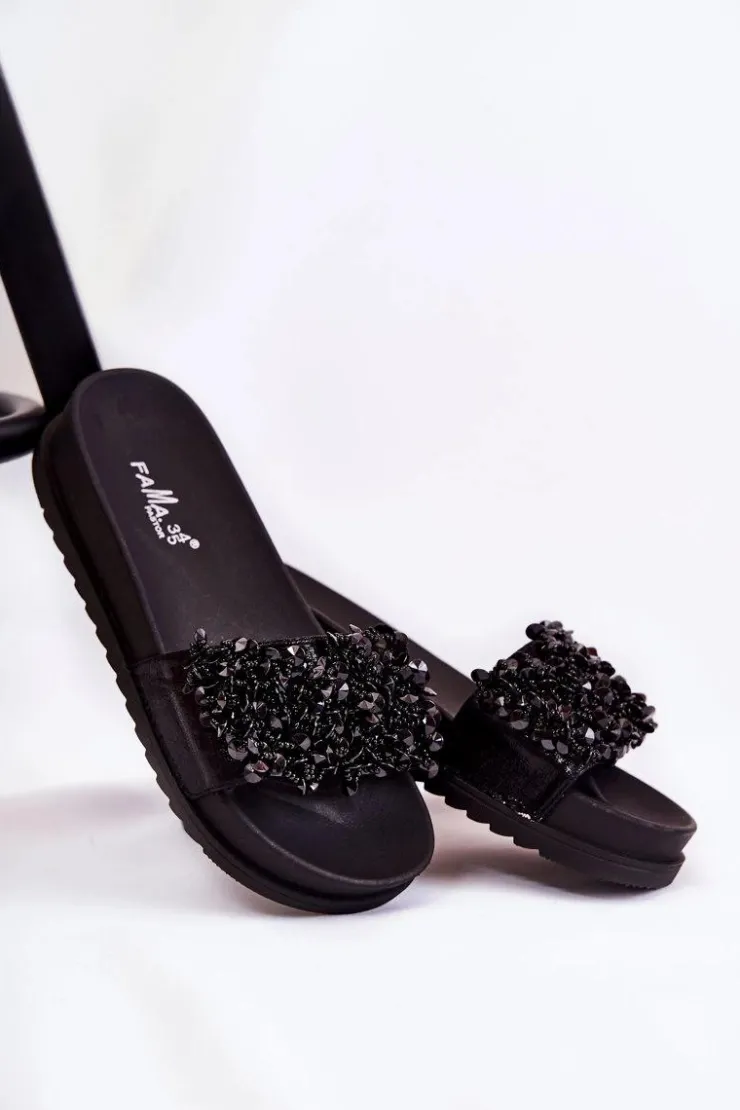 Boto Klapki Na Koturnie|Klapki Na Obcasie*Damskie Klapki Na Platformie Z Ozdobami Czarne Almina
