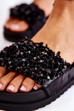 Boto Klapki Na Koturnie|Klapki Na Obcasie*Damskie Klapki Na Platformie Z Ozdobami Czarne Almina