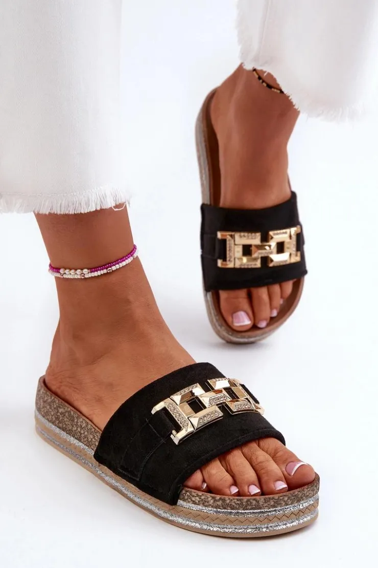 New Boto Damskie Klapki Na Platformie Z Ozdobą Czarne Vapireta