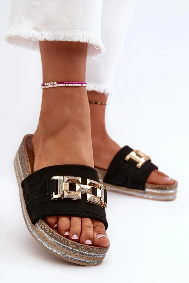 New Boto Damskie Klapki Na Platformie Z Ozdobą Czarne Vapireta