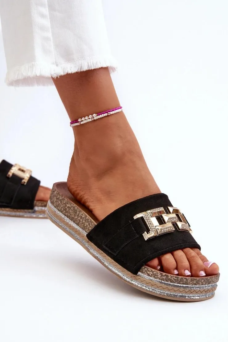 New Boto Damskie Klapki Na Platformie Z Ozdobą Czarne Vapireta