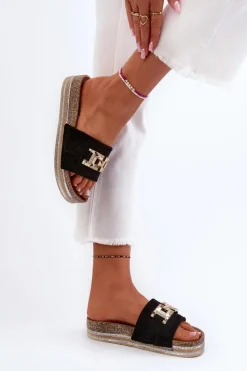 New Boto Damskie Klapki Na Platformie Z Ozdobą Czarne Vapireta