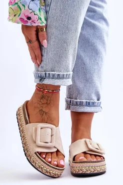 Damskie Boto Damskie Klapki Na Zdobionej Platformie Beżowe Joyce