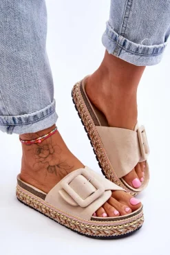 Damskie Boto Damskie Klapki Na Zdobionej Platformie Beżowe Joyce