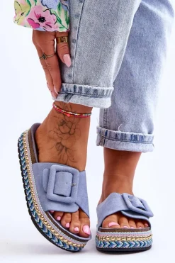 Outlet Boto Damskie Klapki Na Zdobionej Platformie Niebieskie Joyce