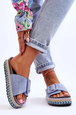 Outlet Boto Damskie Klapki Na Zdobionej Platformie Niebieskie Joyce